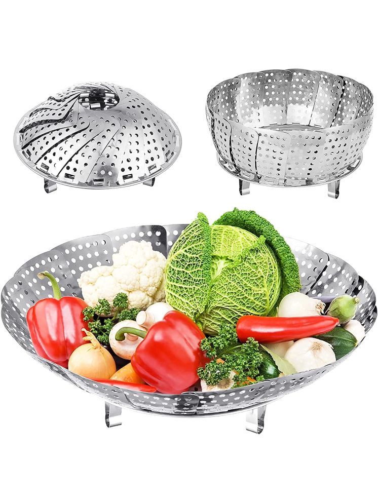     			Bhavyta Silver Stainless Steel Vegetable Fruit Steamer Punching Food Drain Basket ( Set of 1 )