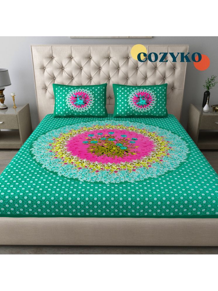     			COZYKO Cotton Floral 1 Double with 2 Pillow Covers - Green