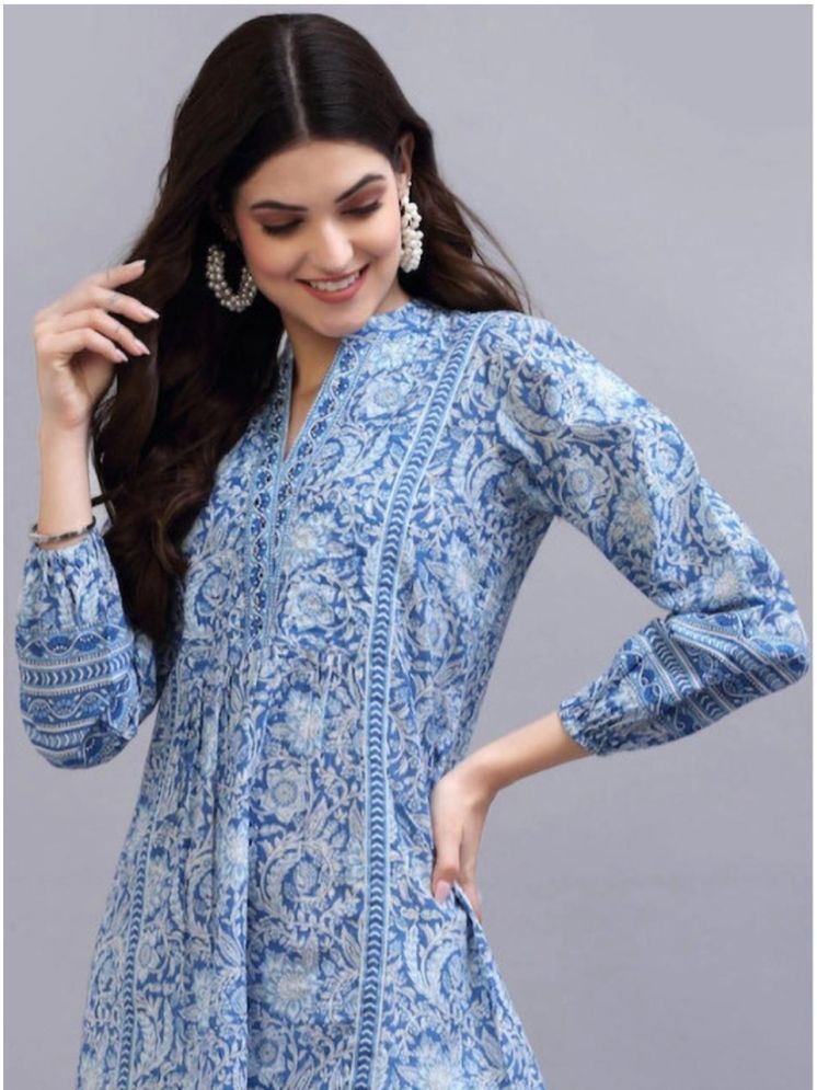     			Heavenly Attire Cotton Printed A-line Women's Kurti - Blue ( Pack of 1 )