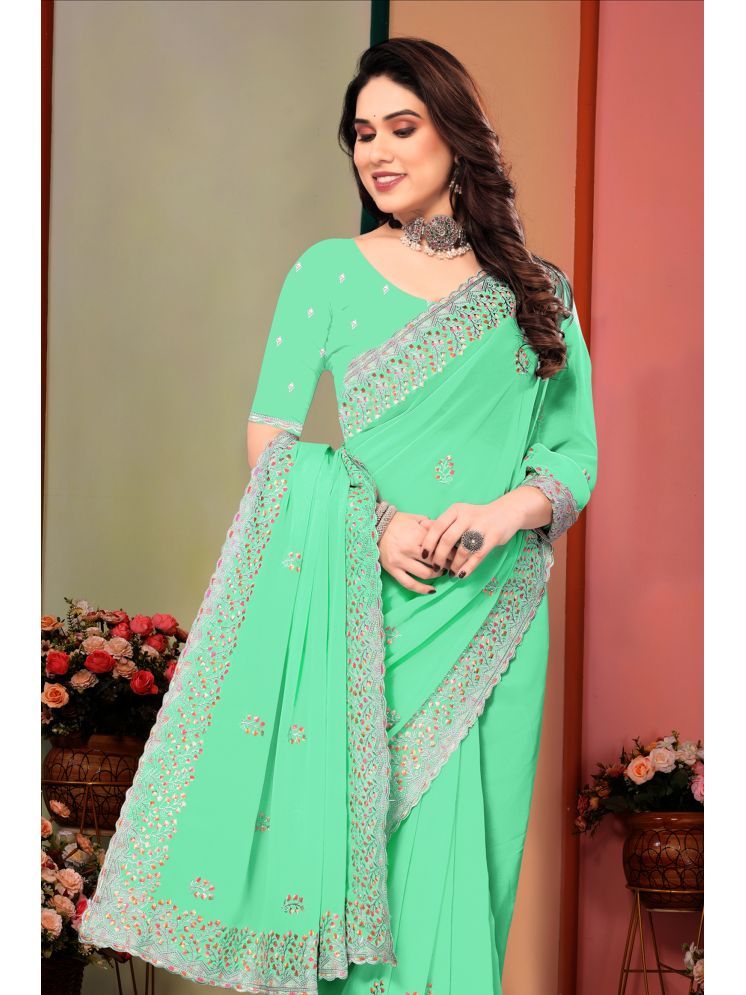     			Om Shantam Sarees Georgette Embroidered Saree With Blouse Piece - Sea Green ( Pack of 1 )