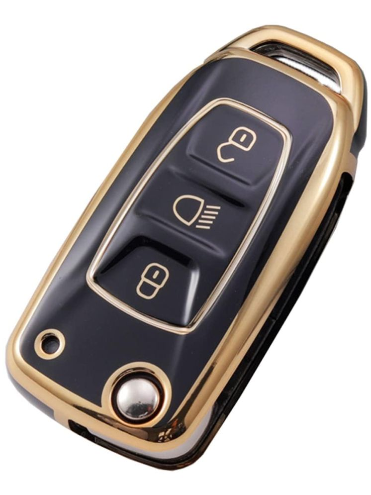     			SR TPU Car Key Cover for Tata Nexon | Altroz | Tiago | Punch | Harrier | Safari | Tigor | Hexa | Zest | Bolt 3 Button Flip Key Cover (Black-Gold)