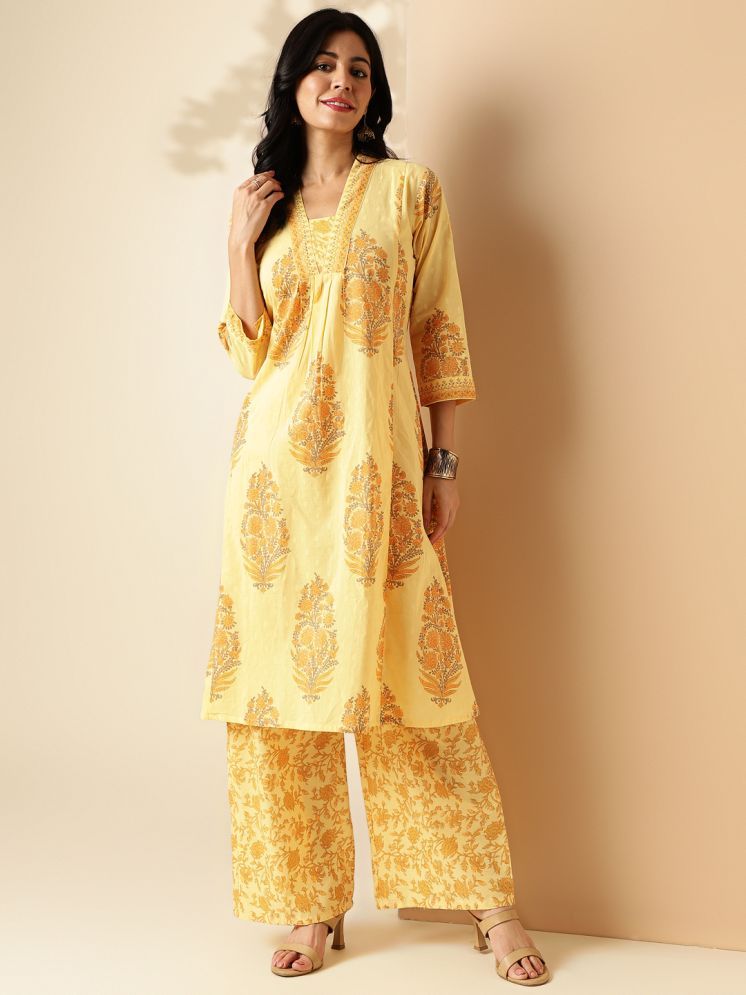     			Vbuyz Cotton Printed Kurti With Palazzo Women's Stitched Salwar Suit - Yellow ( Pack of 1 )