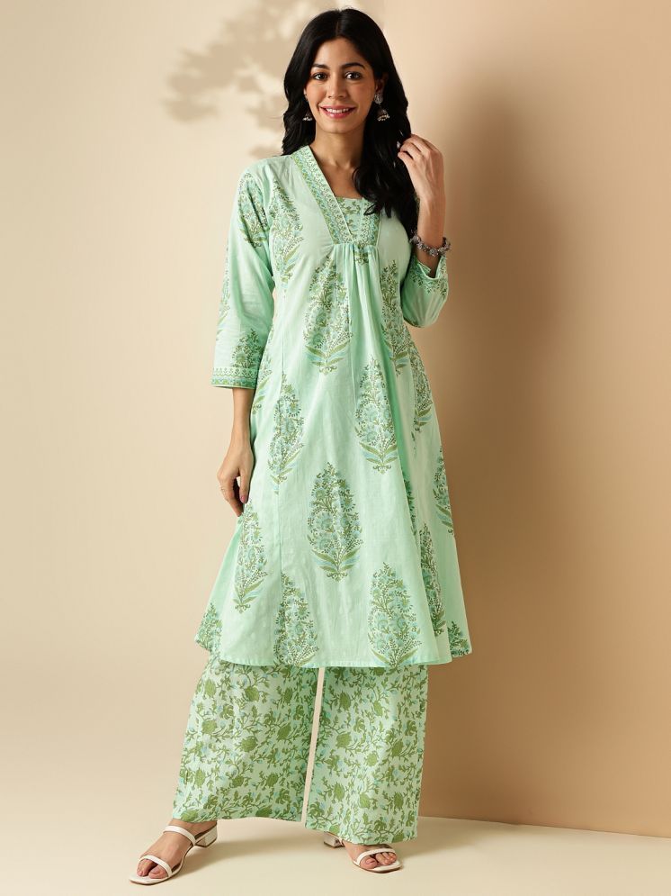     			Vbuyz Cotton Printed Kurti With Palazzo Women's Stitched Salwar Suit - Sea Green ( Pack of 1 )