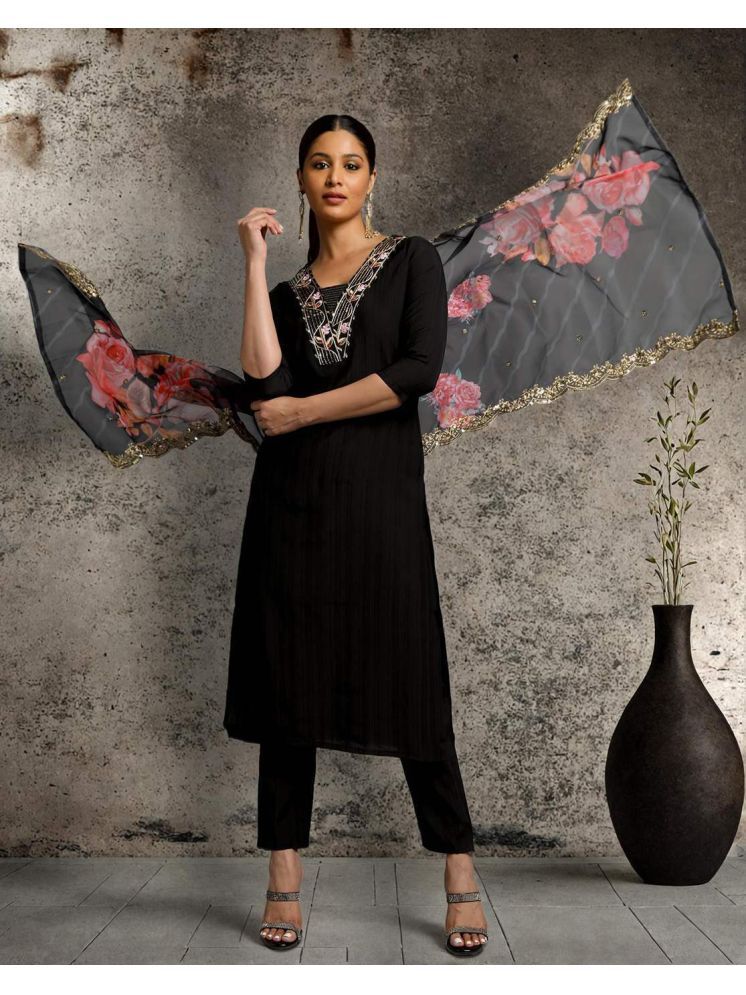     			Vividvibe Chanderi Embroidered Kurti With Pants Women's Stitched Salwar Suit - Black ( Pack of 1 )