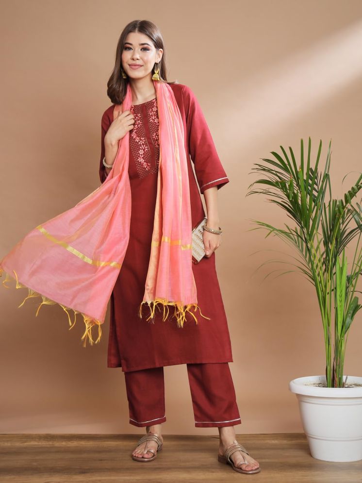     			VredeVogel Cotton Blend Embroidered Kurti With Pants Women's Stitched Salwar Suit - Maroon ( Pack of 1 )