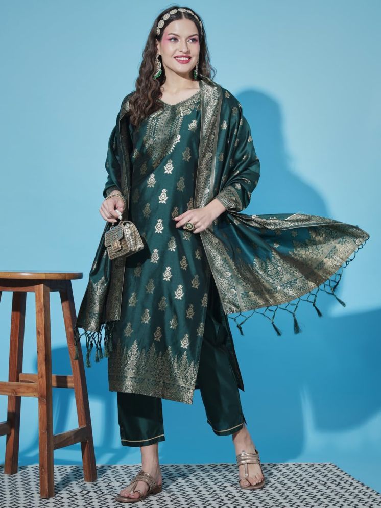     			VredeVogel Cotton Silk Embellished Kurti With Pants Women's Stitched Salwar Suit - Green ( Pack of 1 )