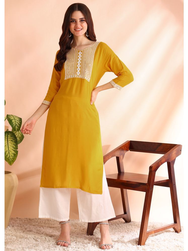     			DSK STUDIO Viscose Embroidered Straight Women's Kurti - Yellow ( Pack of 1 )