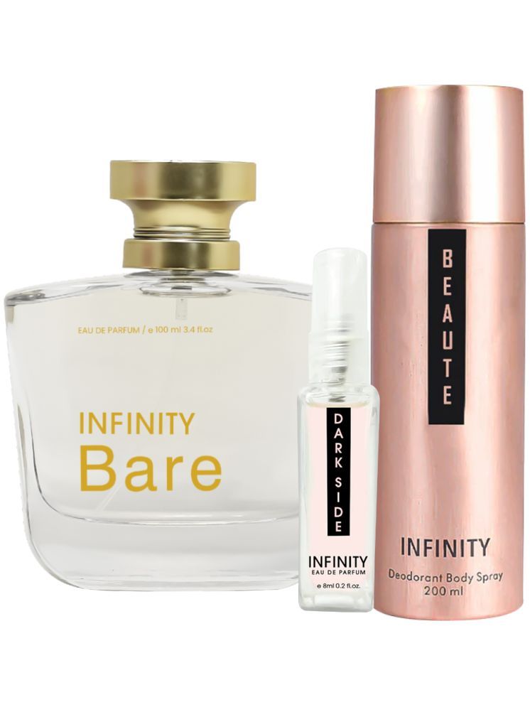     			Infinity Bare EDP Perfume 100ml, Beaute Deodorant 200ml, Dark Side Pocket Perfume 8ml Pack of 3