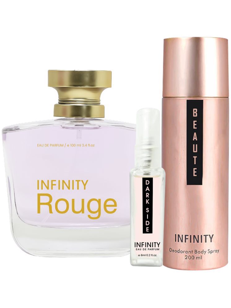     			Infinity Rouge EDP Perfume 100ml, Beaute Deodorant 200ml, Dark Side Pocket Perfume 8ml Pack of 3