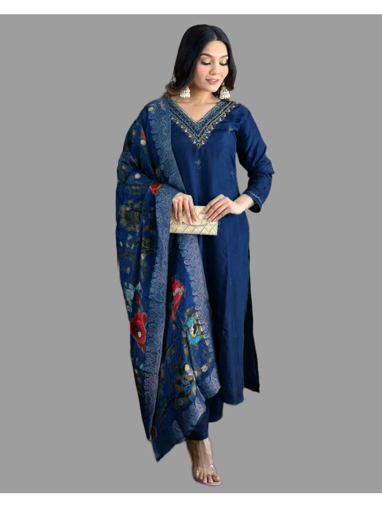     			MEHZEEL FAB Silk Blend Embroidered Kurti With Pants Women's Stitched Salwar Suit - Navy Blue ( Pack of 1 )