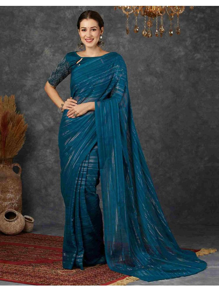     			Nandini Creation Georgette Striped Saree With Blouse Piece - Blue ( Pack of 1 )