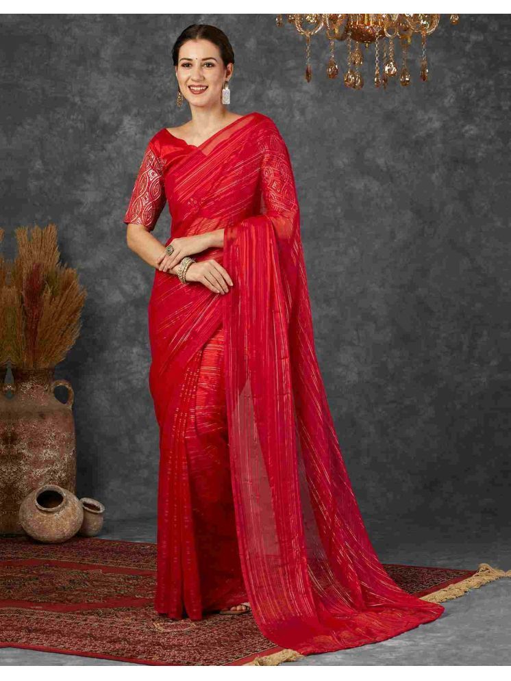     			Nandini Creation Georgette Striped Saree With Blouse Piece - Red ( Pack of 1 )