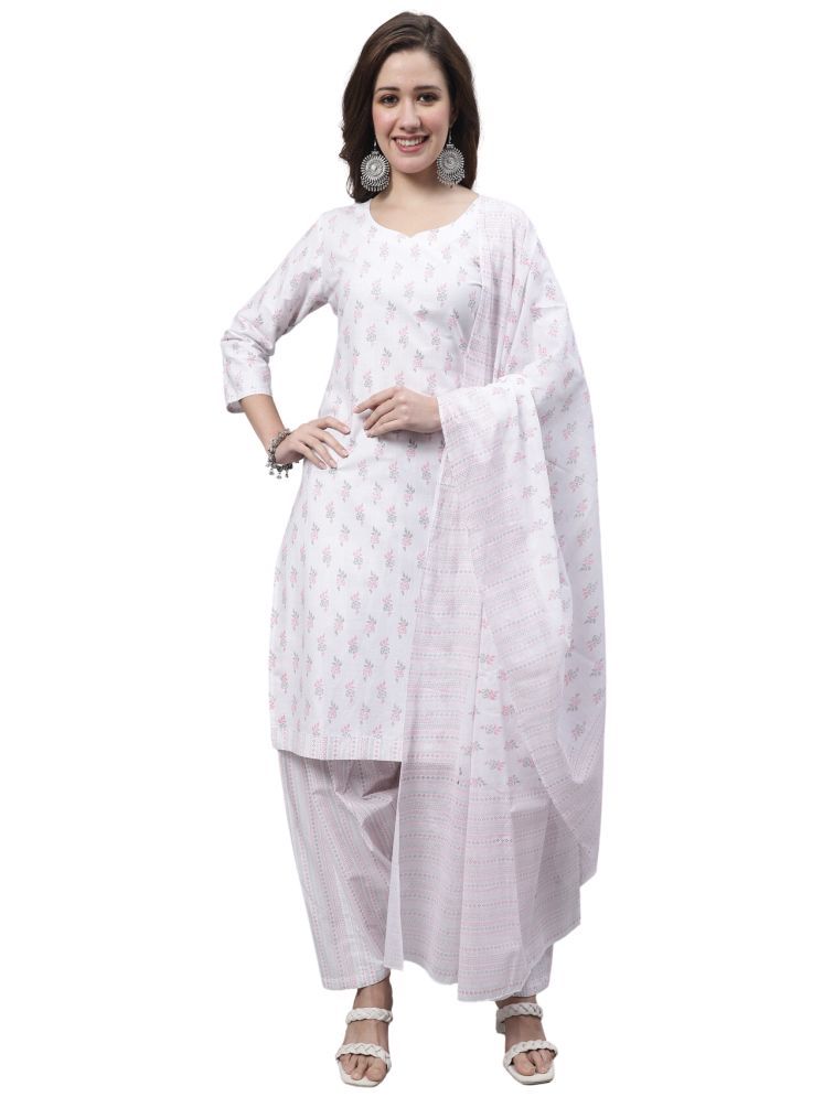     			Rajnandini Cotton Blend Printed Kurti With Patiala Women's Stitched Salwar Suit - White ( Pack of 1 )