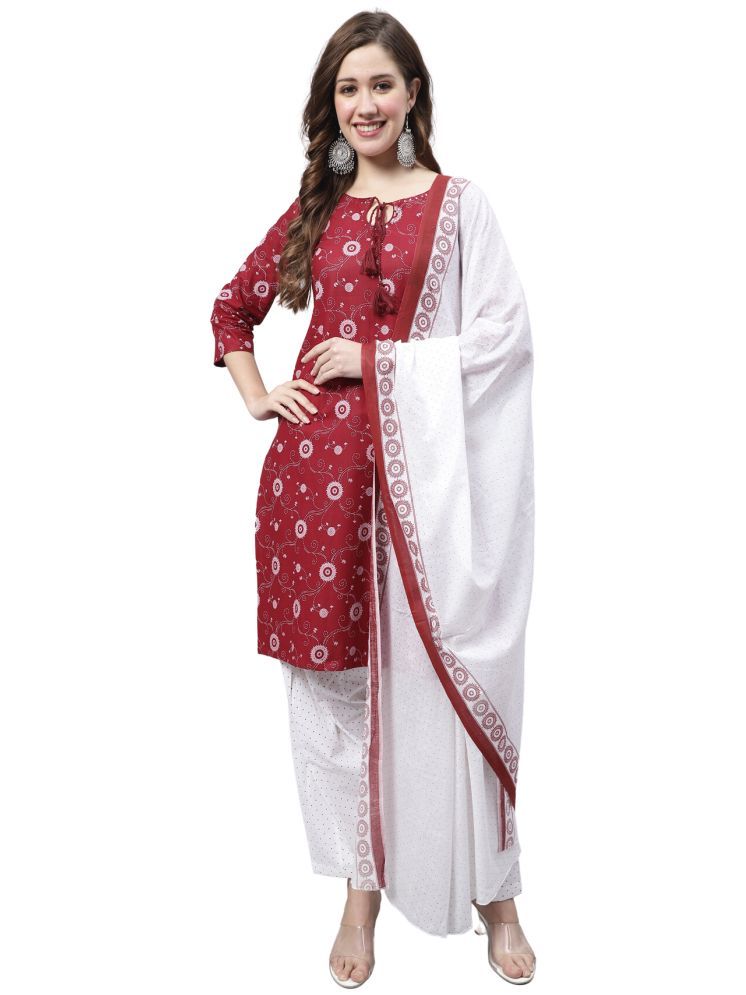     			Rajnandini Cotton Blend Printed Kurti With Patiala Women's Stitched Salwar Suit - Maroon ( Pack of 1 )