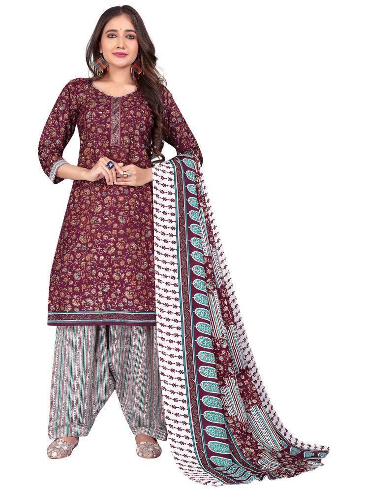     			Rajnandini Cotton Blend Printed Kurti With Patiala Women's Stitched Salwar Suit - Wine ( Pack of 1 )