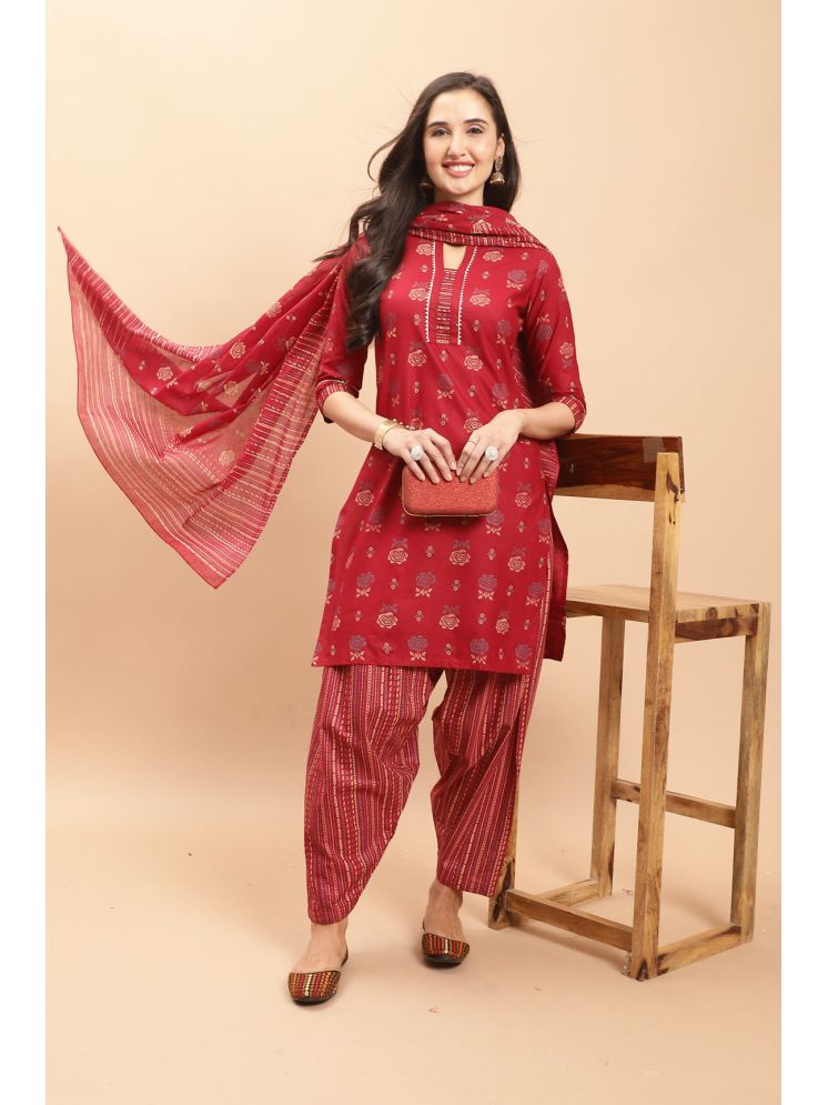     			Rajnandini Cotton Blend Printed Kurti With Patiala Women's Stitched Salwar Suit - Maroon ( Pack of 1 )