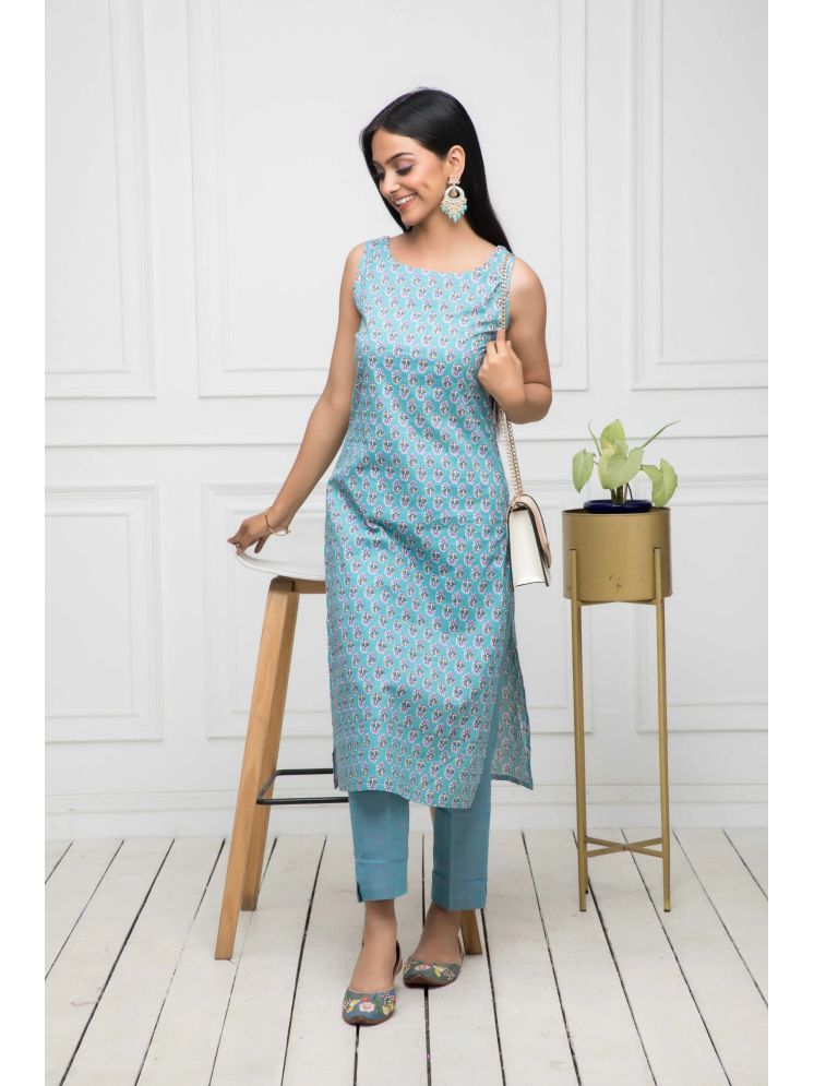     			Shivaradhya designers Cotton Printed Straight Women's Kurti - Light Blue ( Pack of 1 )