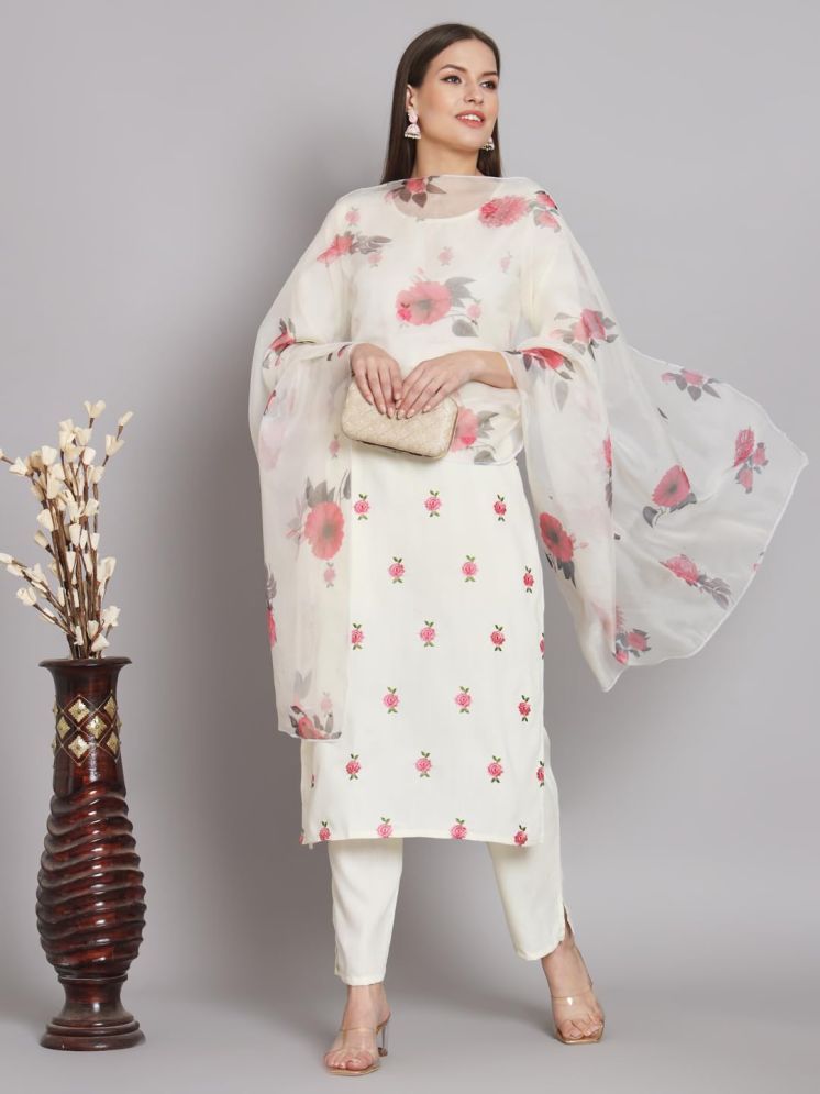     			VredeVogel Cotton Blend Printed Kurti With Pants Women's Stitched Salwar Suit - White ( Pack of 1 )