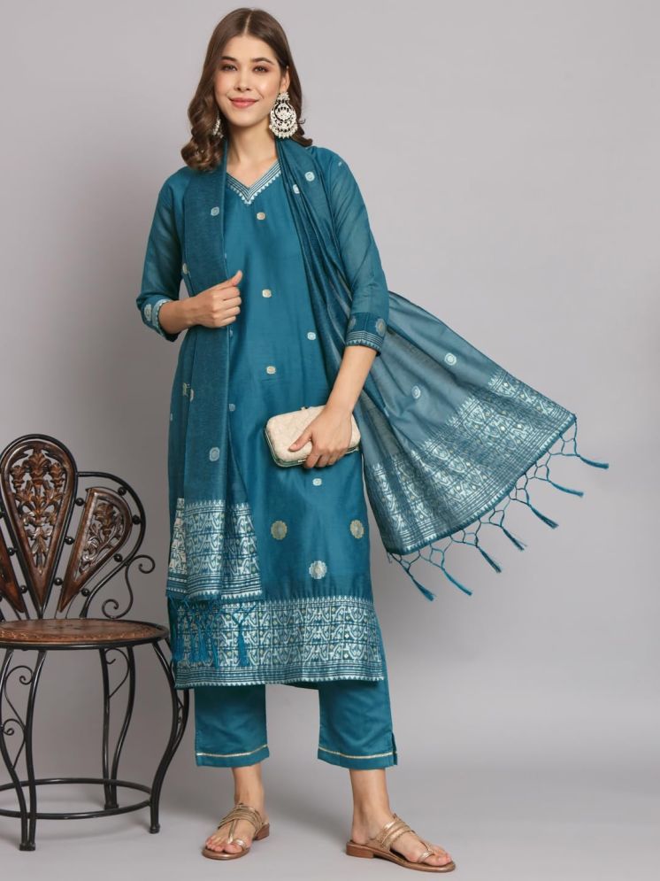     			VredeVogel Cotton Silk Embroidered Kurti With Pants Women's Stitched Salwar Suit - Teal ( Pack of 1 )