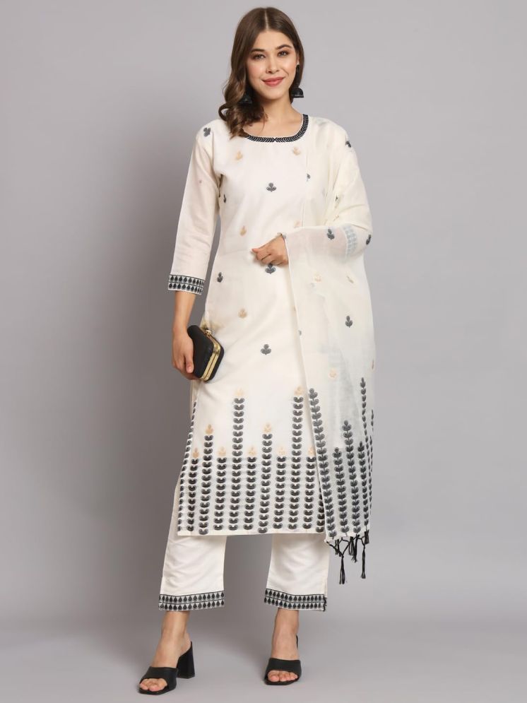     			VredeVogel Cotton Silk Embroidered Kurti With Pants Women's Stitched Salwar Suit - White ( Pack of 1 )