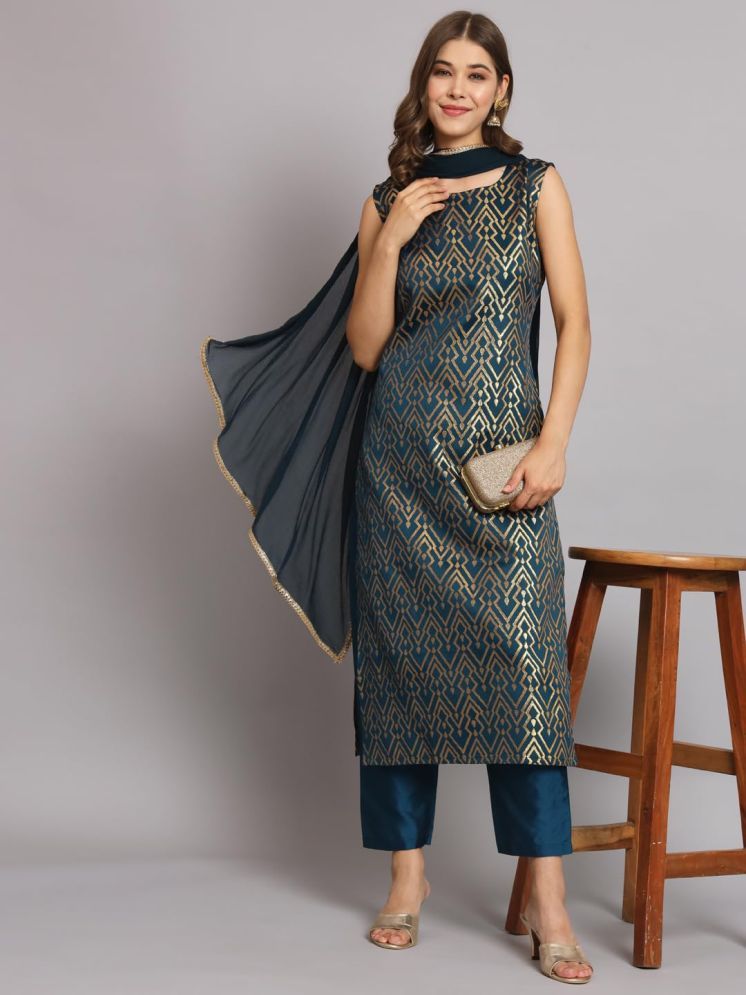     			VredeVogel Cotton Silk Self Design Kurti With Pants Women's Stitched Salwar Suit - Teal ( Pack of 1 )