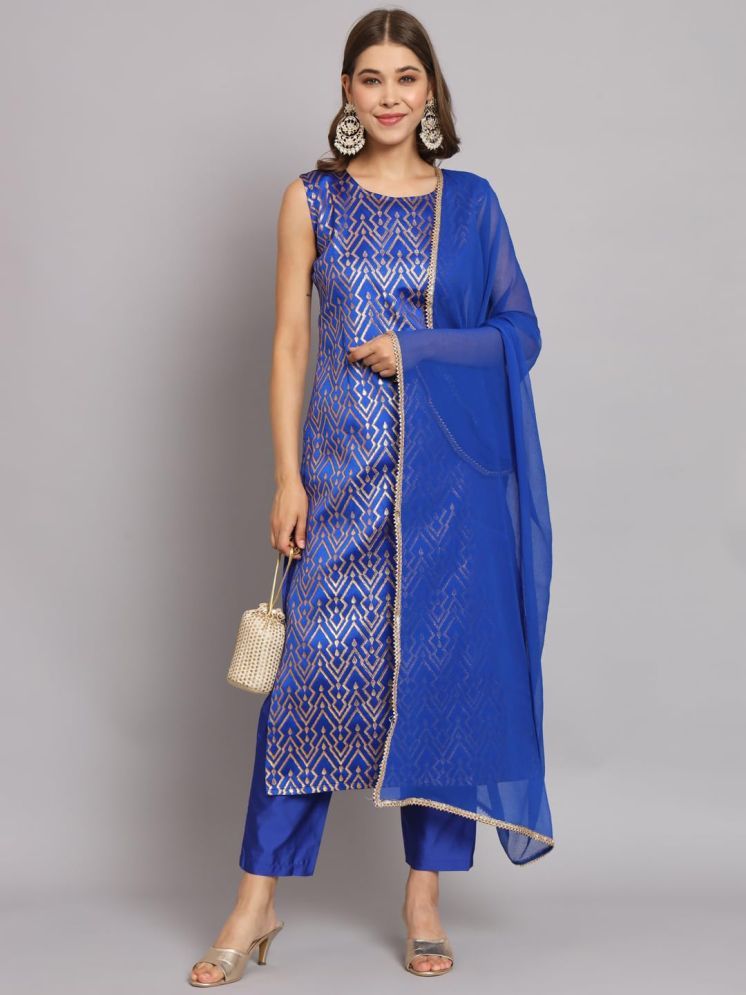     			VredeVogel Cotton Silk Self Design Kurti With Pants Women's Stitched Salwar Suit - Blue ( Pack of 1 )