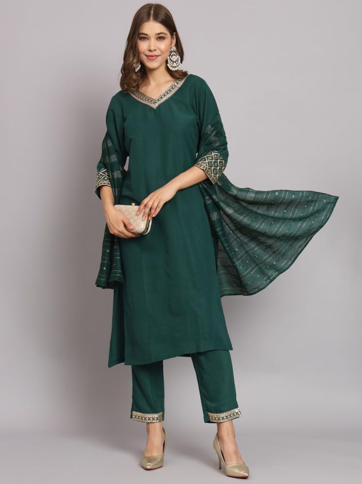     			VredeVogel Silk Blend Embroidered Kurti With Pants Women's Stitched Salwar Suit - Green ( Pack of 1 )