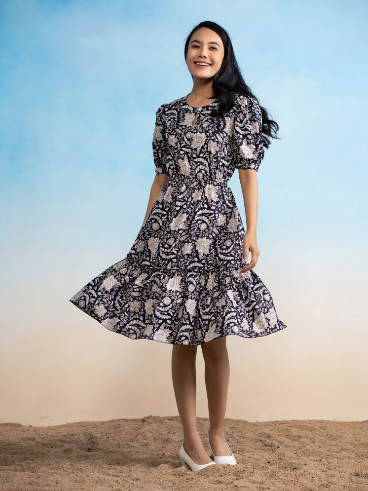     			aask Crepe Printed Knee Length Women's Fit & Flare Dress - Navy Blue ( Pack of 1 )