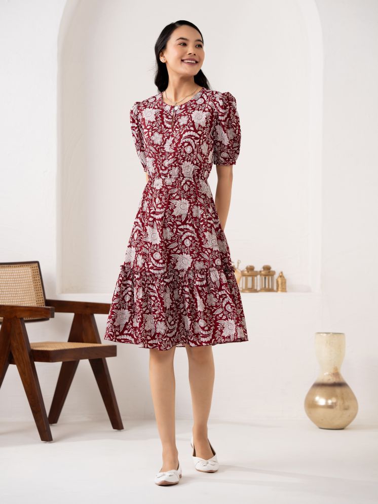     			aask Crepe Printed Knee Length Women's Fit & Flare Dress - Maroon ( Pack of 1 )