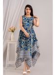 Frionkandy Cotton Printed Ankle Length Women's Asymmetric Dress - Blue ( Pack of 1 )