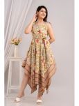 Frionkandy Cotton Printed Ankle Length Women's Asymmetric Dress - Brown ( Pack of 1 )