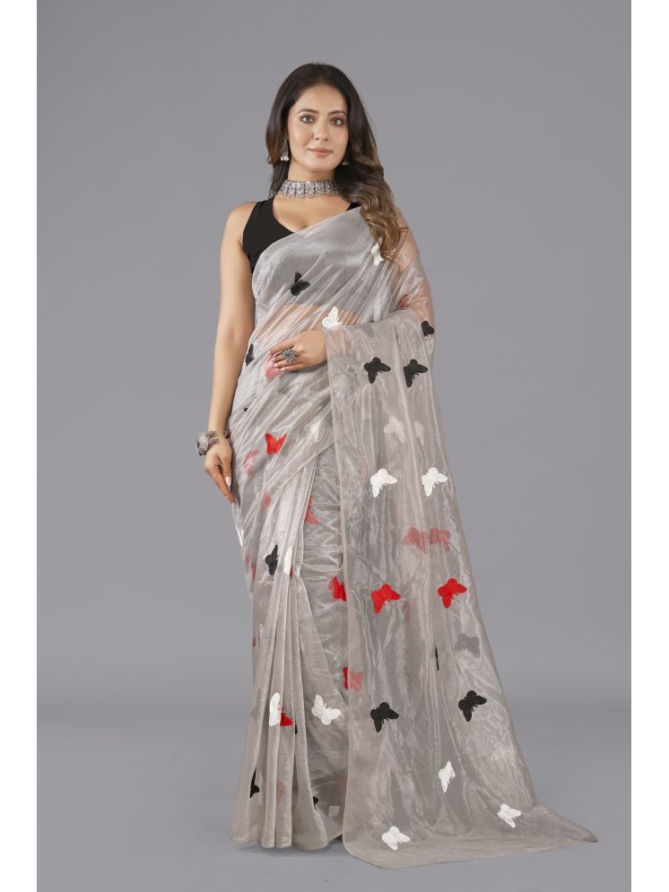     			Apnisha Net Embroidered Saree With Blouse Piece - Grey ( Pack of 1 )