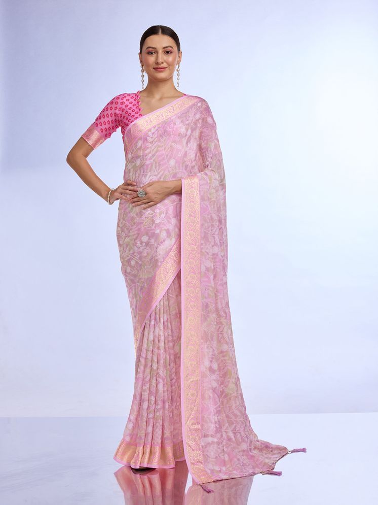     			Rekha Maniyar Georgette Printed Saree With Blouse Piece - Pink ( Pack of 1 )