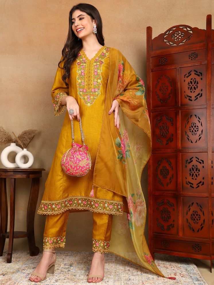     			Vaamsi Silk Blend Embroidered Ethnic Top With Pants Women's Stitched Salwar Suit - Mustard ( Pack of 1 )