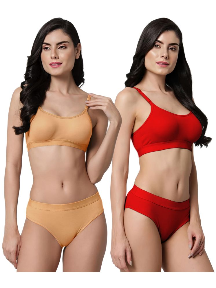     			FVCO Gold,Red Sports Bra Cotton Blend Women's Bra & Panty Set ( Pack of 2 )