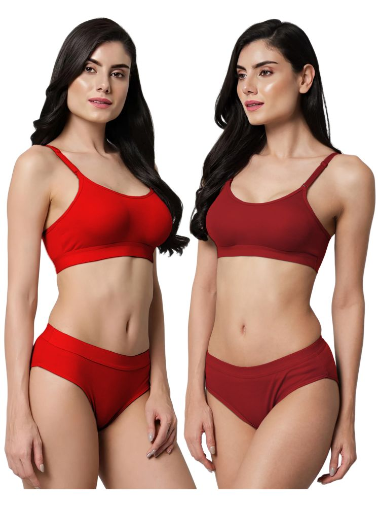     			FVCO Red,Maroon Sports Bra Cotton Blend Women's Bra & Panty Set ( Pack of 2 )