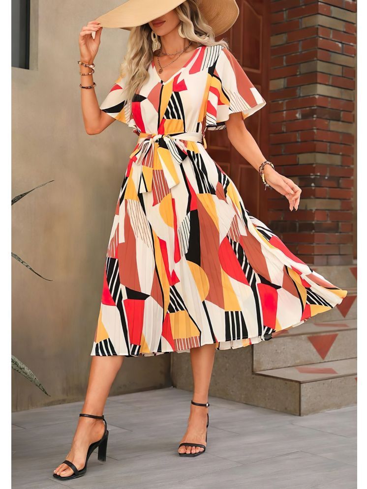     			Femvy Polyester Printed Knee Length Women's Fit & Flare Dress - Yellow ( Pack of 1 )