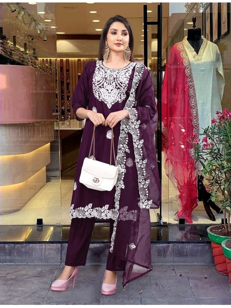     			Gazal Fashions Silk Blend Embroidered Kurti With Pants Women's Stitched Salwar Suit - Purple ( Pack of 1 )