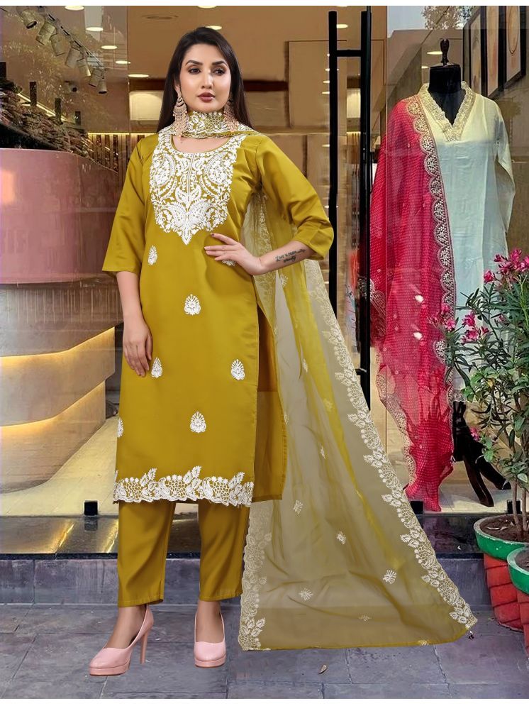     			Gazal Fashions Silk Blend Embroidered Kurti With Pants Women's Stitched Salwar Suit - Mustard ( Pack of 1 )