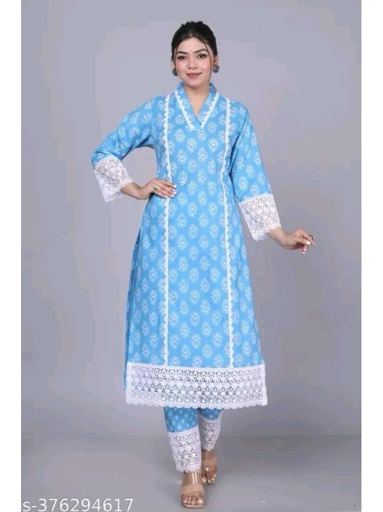     			Heavenly Attire Cotton Printed Kurti With Pants Women's Stitched Salwar Suit - Blue ( Pack of 1 )