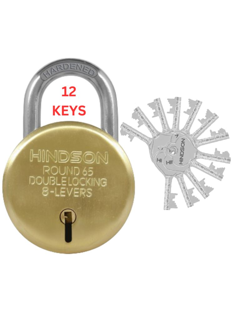     			Hindson Gold Round 65mm Padlock – Metal Body, Double Locking, Hardened Shackle, 8 Steel Levers, 12 Silver Keys with Keychains, Gold Finish, Made in India