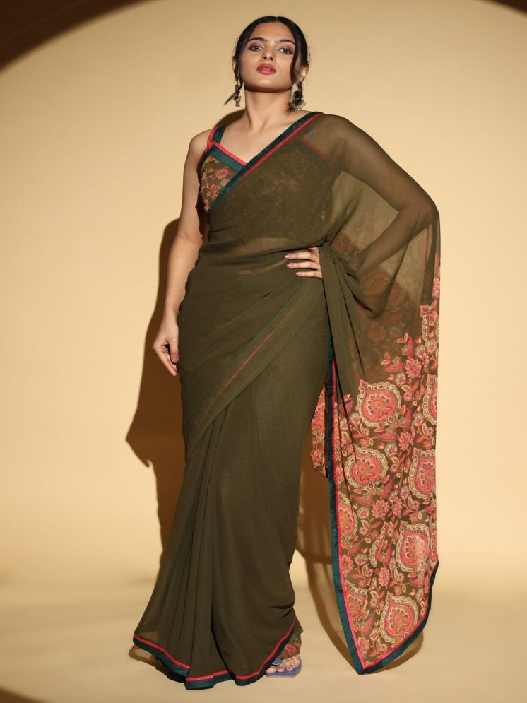     			PHORIA STYLE Chiffon Printed Saree With Blouse Piece - Green ( Pack of 1 )