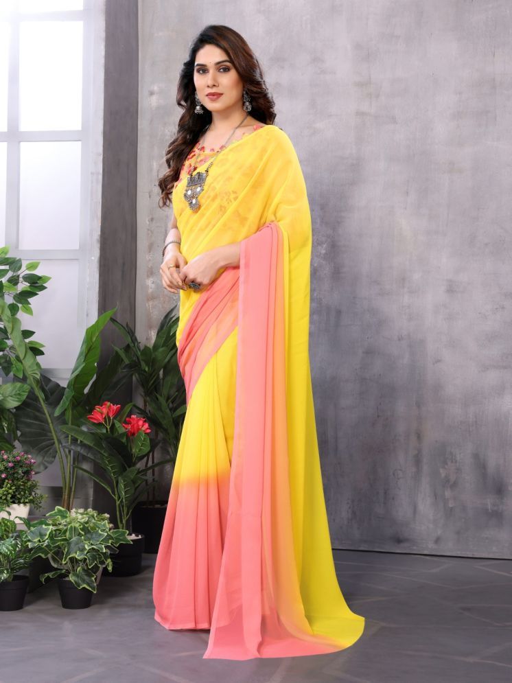     			PHORIA STYLE Chiffon Solid Saree With Blouse Piece - Pink,Yellow ( Pack of 1 )