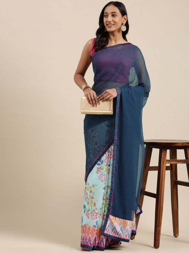     			PHORIA STYLE Georgette Printed Saree With Blouse Piece - Blue ( Pack of 1 )