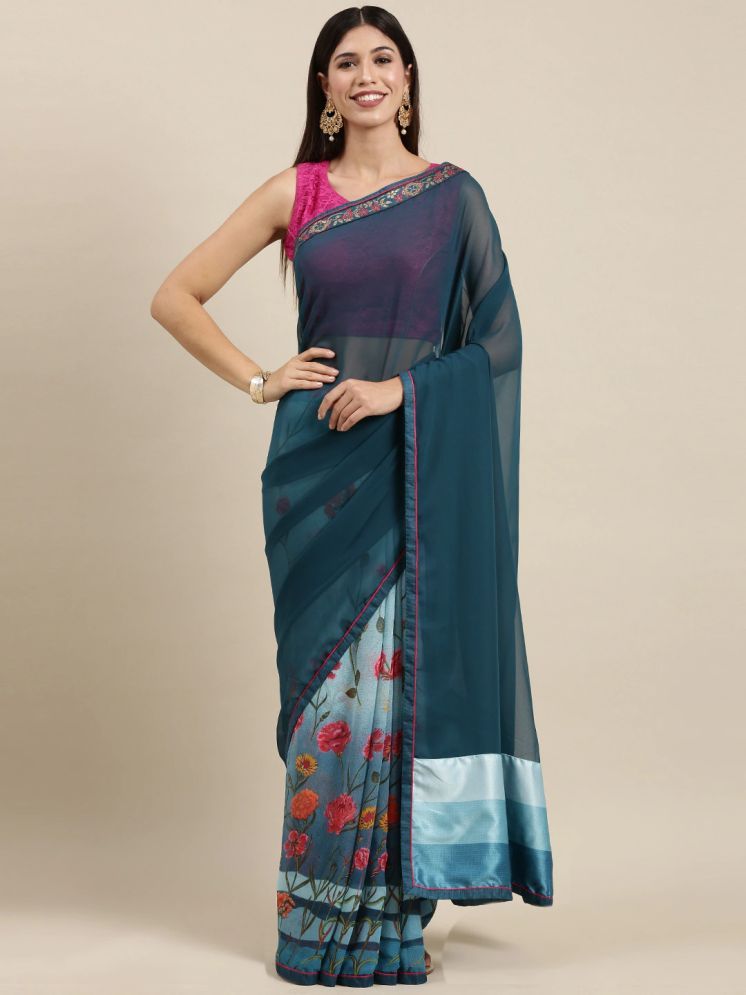     			PHORIA STYLE Georgette Printed Saree With Blouse Piece - Teal ( Pack of 1 )