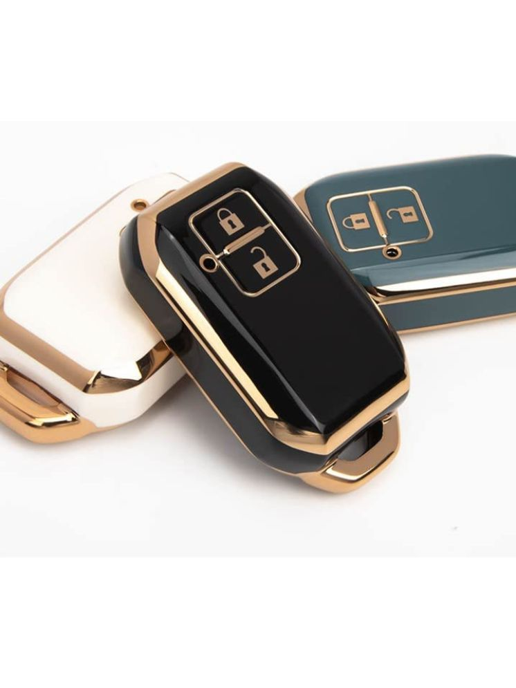     			TPU Car Key Cover for Maruti Suzuki Baleno, Grand Vitara, XL6, Swift, Brezza, Celerio, Ignis, Ertiga, Dzire, Fronx, Urban Cruiser, Glanza, Hyryder 2 Button Smart Key Cover (Black-Gold)