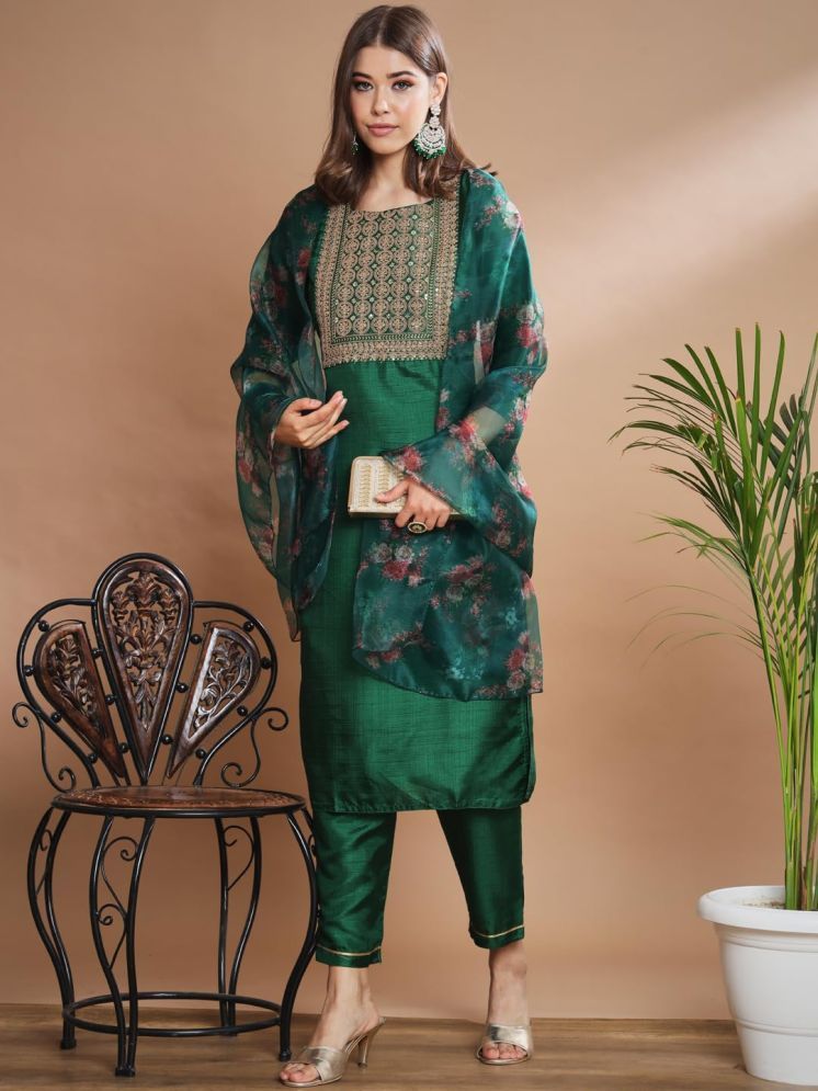     			VredeVogel Silk Blend Embellished Kurti With Pants Women's Stitched Salwar Suit - Green ( Pack of 1 )