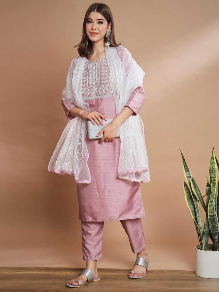     			VredeVogel Silk Blend Embroidered Kurti With Pants Women's Stitched Salwar Suit - Pink ( Pack of 1 )