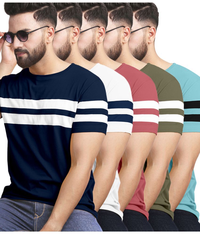     			AUSK Cotton Blend Regular Fit Striped Half Sleeves Men's T-Shirt - White ( Pack of 5 )