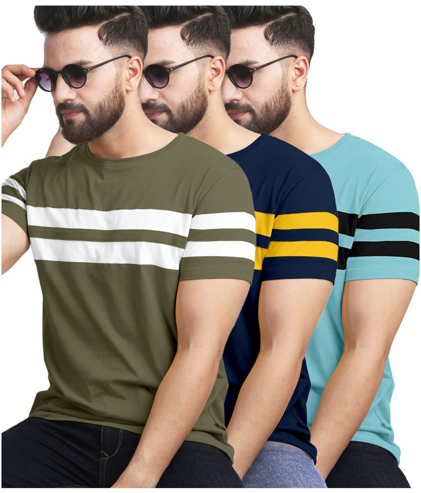     			AUSK Cotton Blend Regular Fit Striped Half Sleeves Men's T-Shirt - Olive ( Pack of 3 )